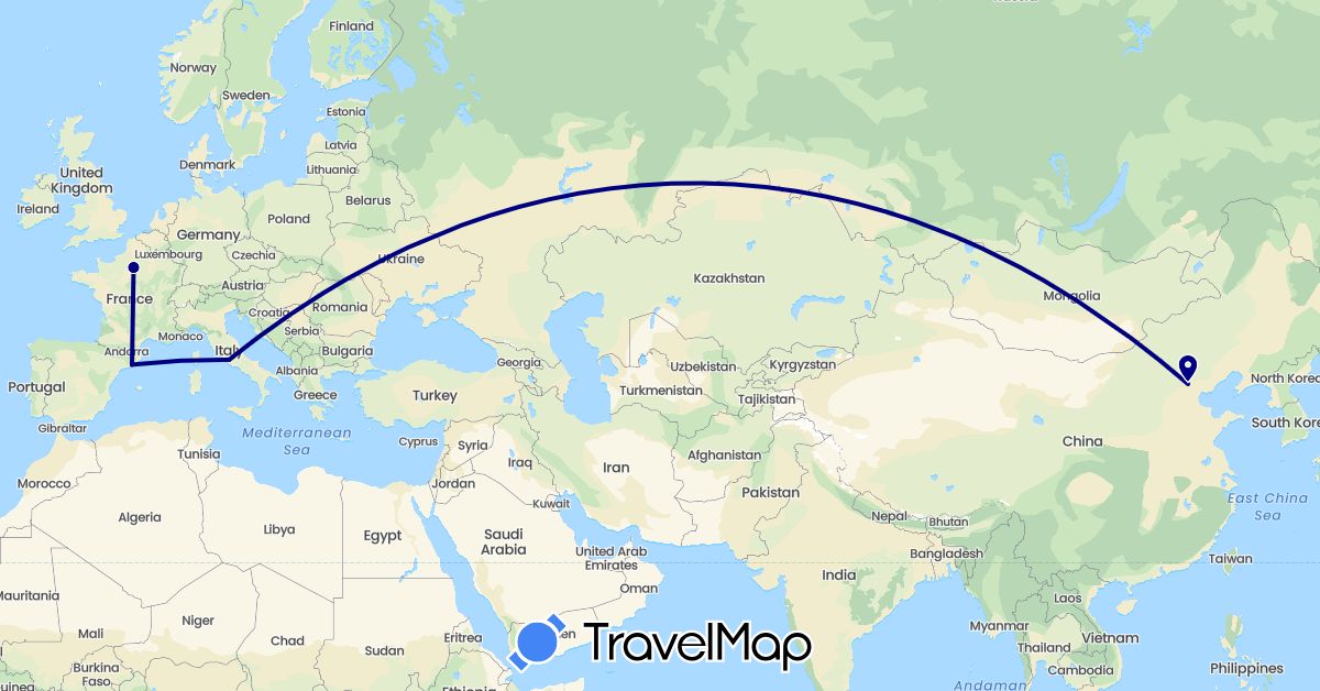 TravelMap itinerary: driving in China, Spain, France, Italy (Asia, Europe)